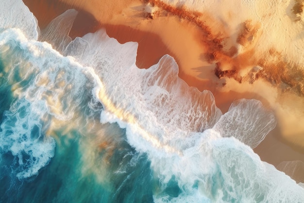 An aerial view of a beach with a wave breaking on the sand.