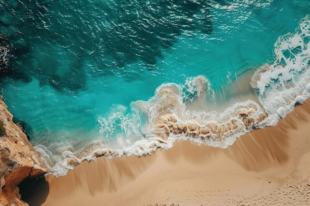 An aerial view of a beach with waves coming in