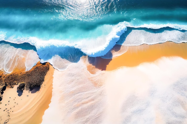 An aerial view of a beach with waves crashing on the sand