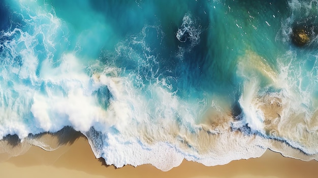 An aerial view of a beach with waves crashing on the shore.