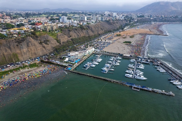 Aerial view of the beaches of the city of Lima on the Costa Verde