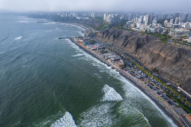 Aerial view of the beaches of the city of Lima on the Costa Verde