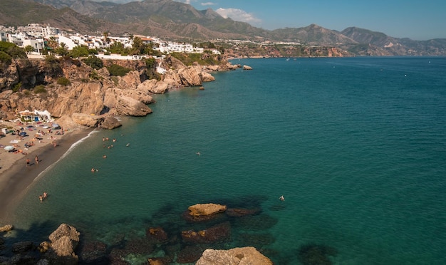 Aerial view of the beautiful beach of Nerja in Spain