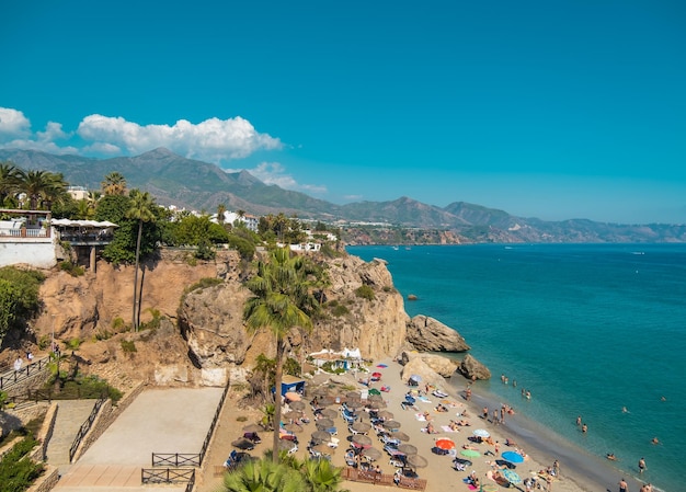 Aerial view of the beautiful beach of Nerja in Spain