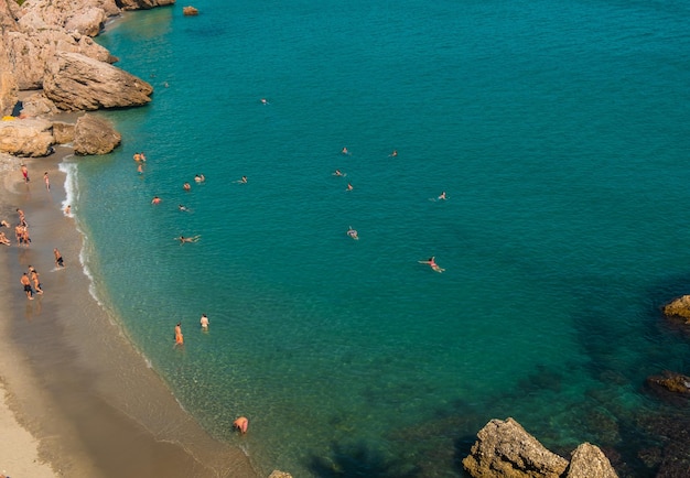 Aerial view of the beautiful beach of Nerja in Spain