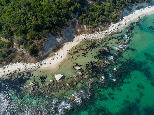 Aerial view of a beautiful beach with a forest and rocks