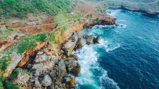 Aerial view of beautiful coastal cliffs. Kesirat Beach Yogyakarta Indonesia