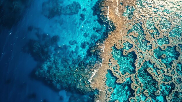 An aerial view of a beautiful coral reef in the ocean The water is crystal clear and the coral is vibrant and colorful