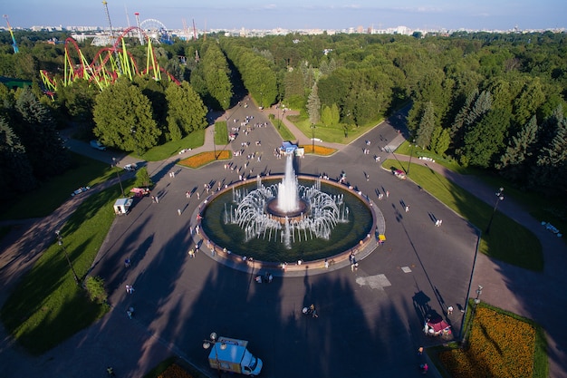 Aerial view of the beautiful fountain in Park on Krestovsky island in Saint-Petersburg, Russia. 4K