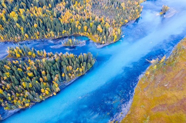 Aerial view of beautiful kanas river landscape in autumn xinjiang China