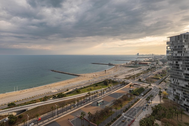 Aerial view of the beautiful landscape of barcelona at area diagonal mar llevant and nova mar bella