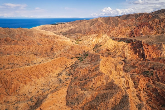 Aerial view of beautiful landscape of Skazka canyon in Kyrgyzstan