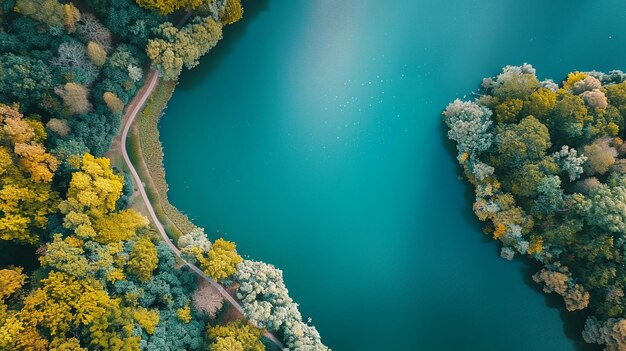 Photo aerial view of beautiful scenery blue water lake in autumn forest nature landscape background