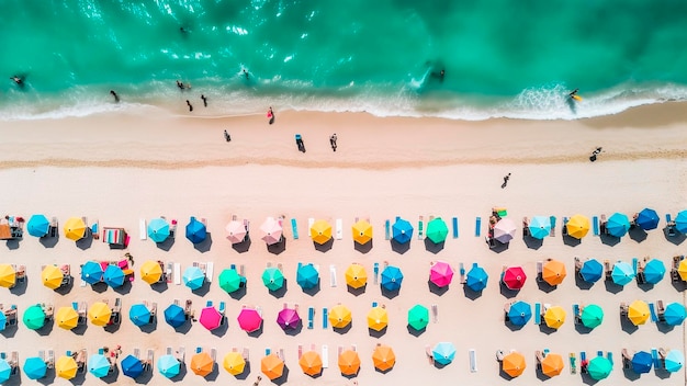 Aerial view of beautiful tropical beach with sunbeds and umbrellas