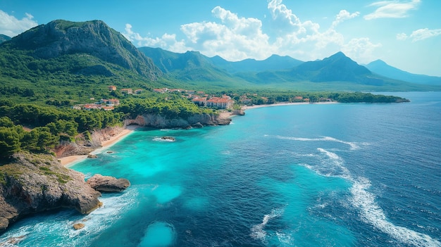 An aerial view of a beautiful turquoise bay surrounded by mountains and a small town on a sunny day