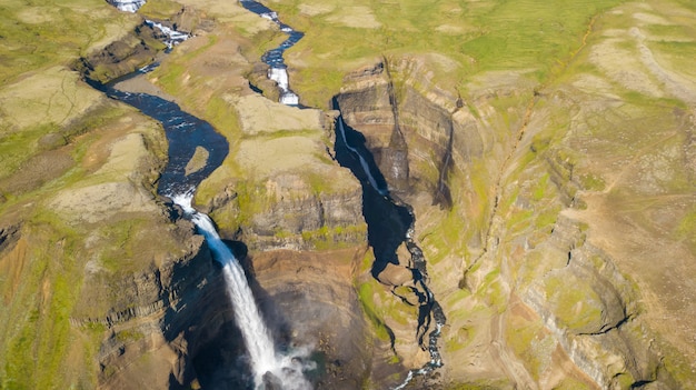 Aerial view of beautiful Waterfall Haifoss, Iceland, Summertime