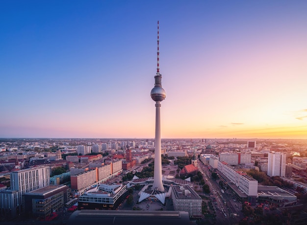 Aerial view of Berlin with Berlin Television Tower Fernsehturm at sunset Berlin Germany