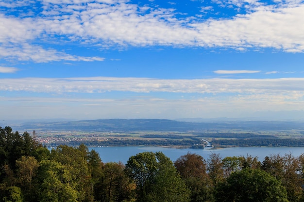 Aerial view of Biel lake from Preles in Bern canton Switzerland