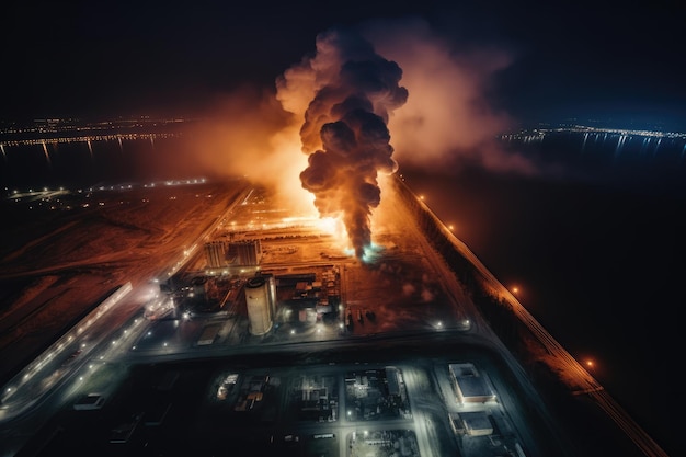 Aerial view of big explosion and fire on power plant generative ai