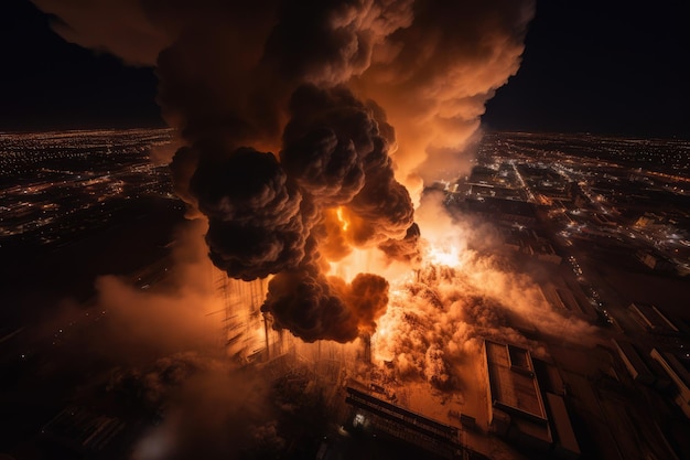 Aerial view of big explosion and fire on power plant generative ai