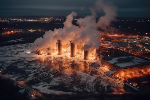 Aerial view of big explosion and fire on power plant generative ai