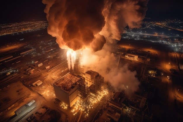 Aerial view of Big explosion and fire on power plant Generative AI