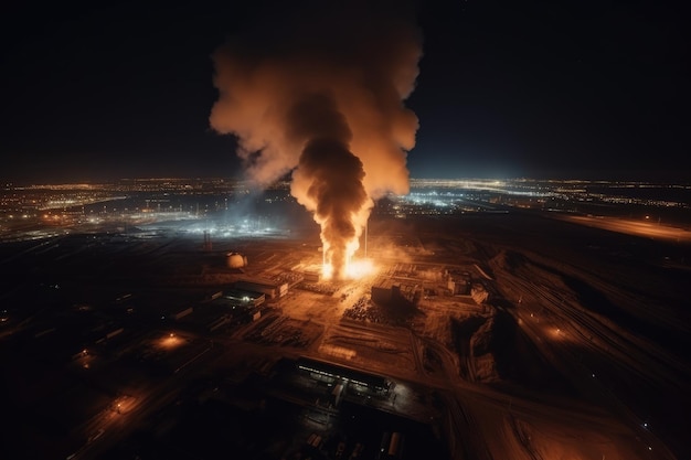 Aerial view of Big explosion and fire on power plant Generative AI