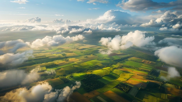 Aerial view of billowing clouds casting shadows over a patchwork landscape creating a stunning natural tapestry