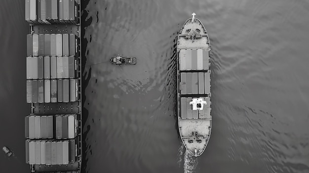 Photo aerial view black and white containers ship cargo