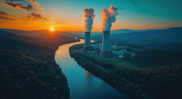 Photo aerial view of the blackwater ottenhausen2 nuclear power plant at sunset in west virginia showcasing two cooling towers and surrounding landscape