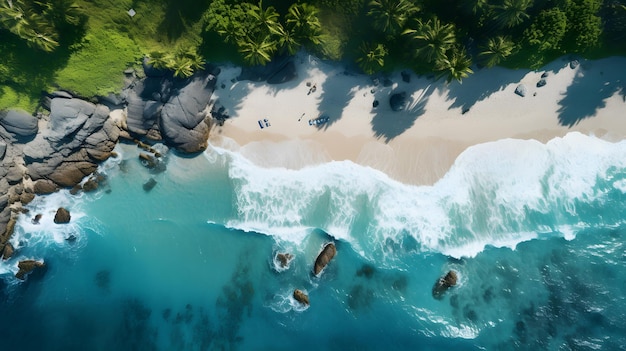 Aerial view of blue ocean waves hitting beach rocks against sandy beach background