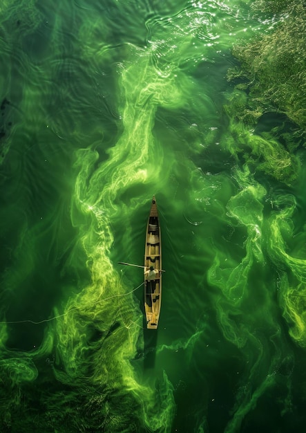 The aerial view of the boat is surrounded by dense green algae