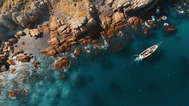 An aerial view of a boat in the water near a rocky