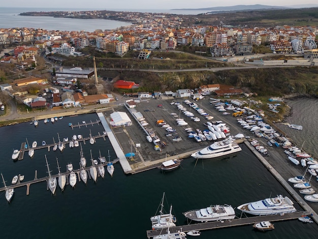 Aerial view of boats in the marina Sozopol Bulgaria