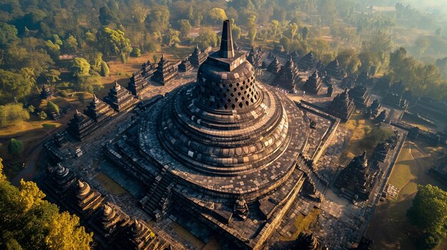 Aerial view of Borobudur Temple Java Indonesia Generative AI