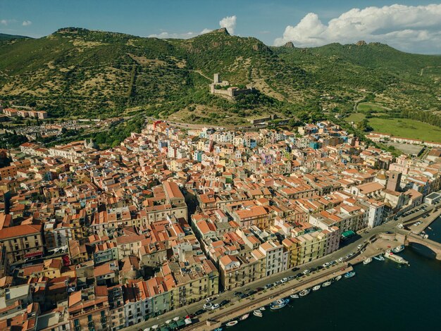 Photo aerial view of bosa a small colourful town near oristano sardinia island italy