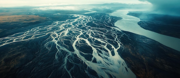 Photo aerial view of braided river system flowing through rugged landscape with dramatic sky