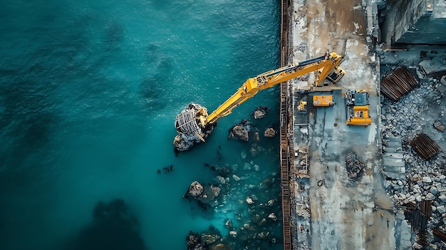 Photo aerial view of breakwater construction crane puts tetrapods on breakwater constructi generative ai