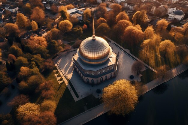 Aerial view of the building with a cross on the top.