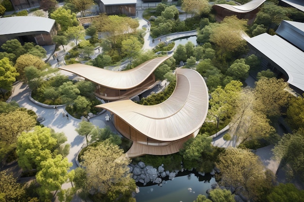 aerial view of a building with a curved roof and a pond generative ai