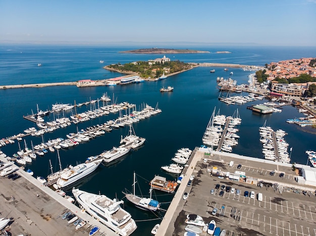 Aerial view of Bulgarian town Sozopol and marina port Drone view from above Summer holidays destination