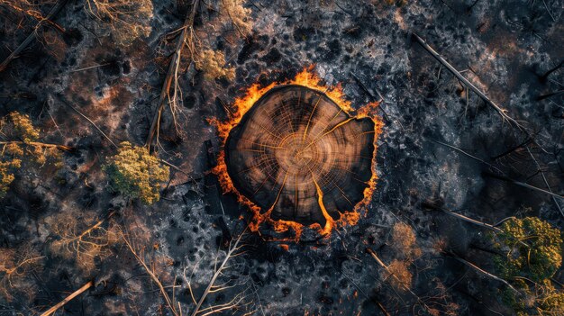 Aerial View of a Burning Tree Stump in a Forest After a Wildfire Surrounded by Charred Trees and Ashes