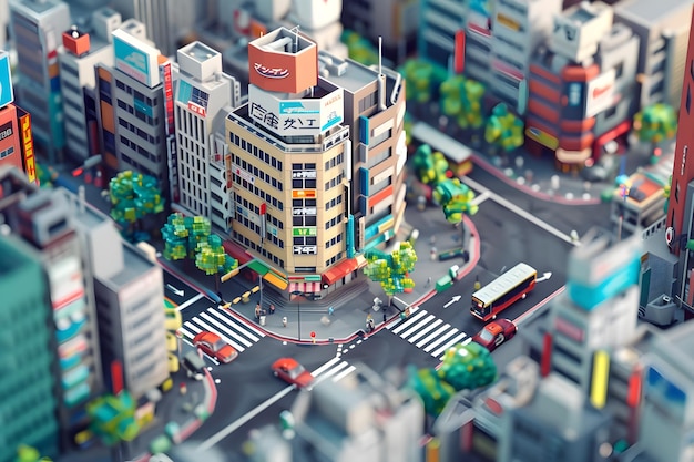 Aerial view of the bustling business district in Shibuya Tokyo showcasing the 3D isometric diorama