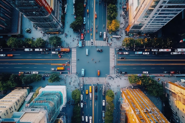 Aerial view of a bustling city intersection with vehicles and pedestrians during the day