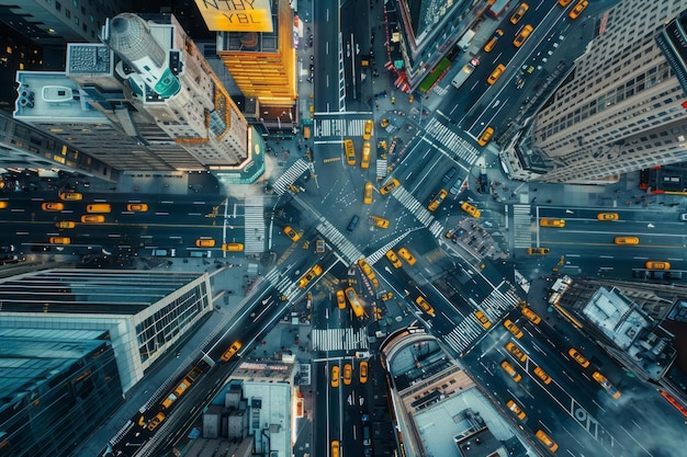 Aerial view of a bustling city symmetry and patterns of traffic and buildings