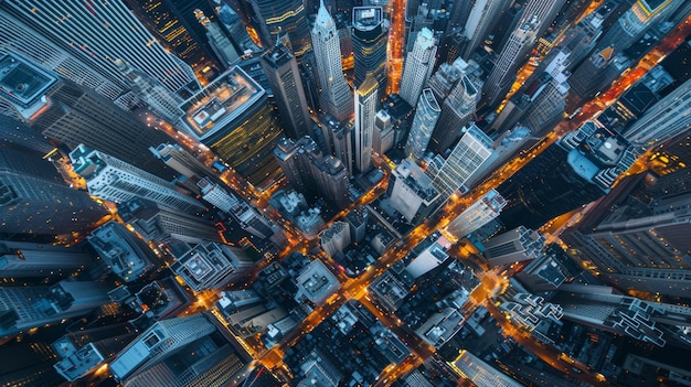 Aerial view of bustling cityscape at dusk