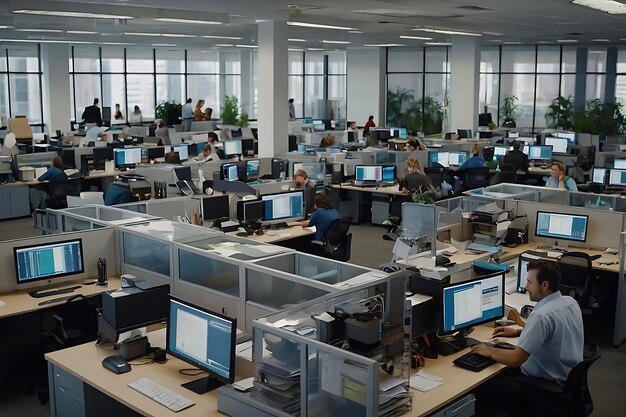 An aerial view of a bustling office floor with employe