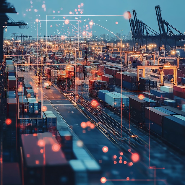 Aerial view of a bustling shipping container port at night lit with city lights with a digital overlay of lines and dots symbolizing data flow and connectivity