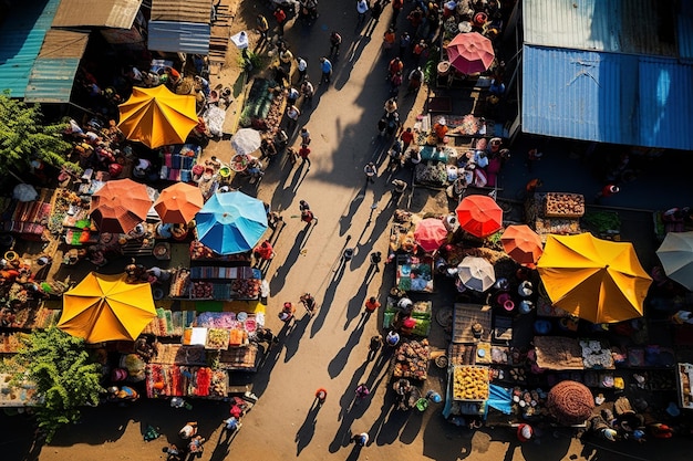 Aerial View of Bustling Street Market with Vibrant Energy