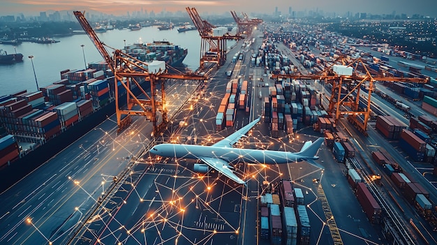 Photo aerial view of a busy cargo port with a plane flying overhead illuminated by glowing lines connecting them representing global shipping and trade